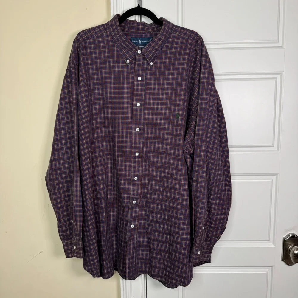 Vintage Polo Ralph Lauren Shirt Mens 4XB Blue Red Plaid Classic Fit Cotton Big